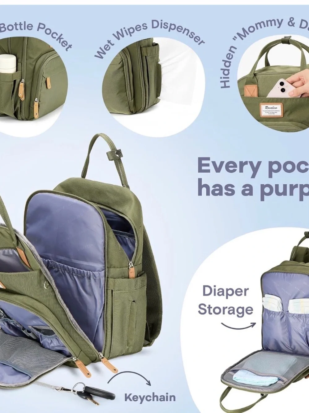 Olive Green Diaper Bag Backpack with Tan Accents